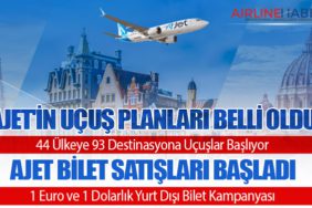 AJet'in Uçuş Planları Belli Oldu: 44 Ülkeye 93 Destinasyona Uçuşlar Başlıyor. AJet Bilet Satışları Başladı: 1 Euro ve 1 Dolarlık Yurt Dışı Bilet Kampanyası