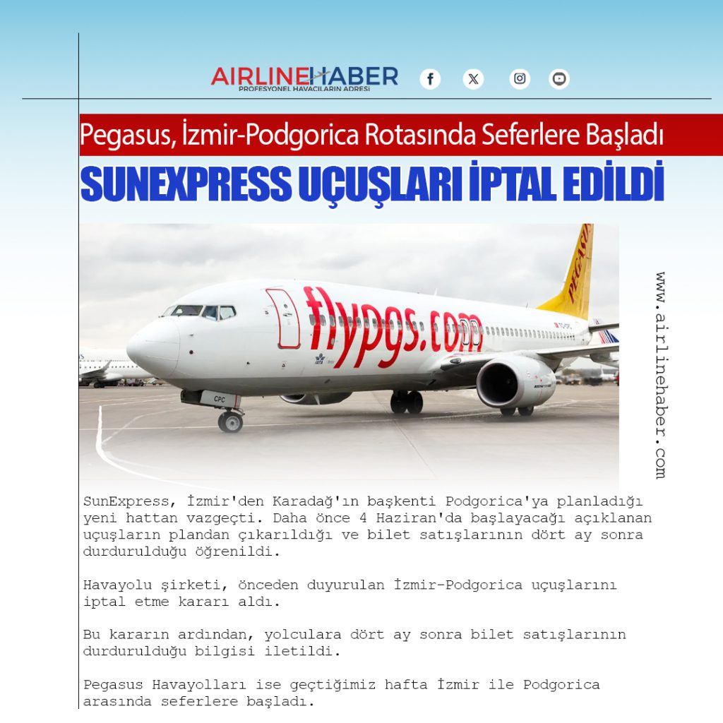 SunExpress, İzmir'den Karadağ'ın başkenti Podgorica'ya planladığı yeni hattan vazgeçti. Daha önce 4 Haziran'da başlayacağı açıklanan uçuşların plandan çıkarıldığı ve bilet satışlarının dört ay sonra durdurulduğu öğrenildi. Havayolu şirketi, önceden duyurulan İzmir-Podgorica uçuşlarını iptal etme kararı aldı. Bu kararın ardından, yolculara dört ay sonra bilet satışlarının durdurulduğu bilgisi iletildi. Pegasus Havayolları ise geçtiğimiz hafta İzmir ile Podgorica arasında seferlere başladı.
